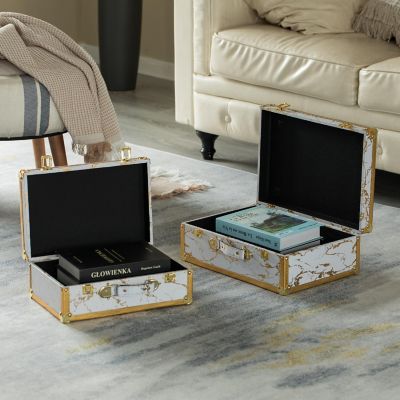 Vintiquewise Set of 2 Luxury Marble White and Gold Hand Luggage Suitcase for Decor Image 2