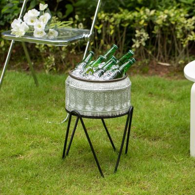 Vintiquewise Silver Galvanized Metal Ice Bucket Beverage Cooler Tub with Stand, Medium Image 1