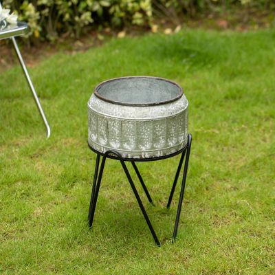 Vintiquewise Silver Galvanized Metal Ice Bucket Beverage Cooler Tub with Stand, Medium Image 2