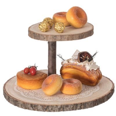 Vintiquewise Two Tier Natural Wood Color Tree Bark Server Tray with Rustic Appeal, Two Sizes Trays Image 1
