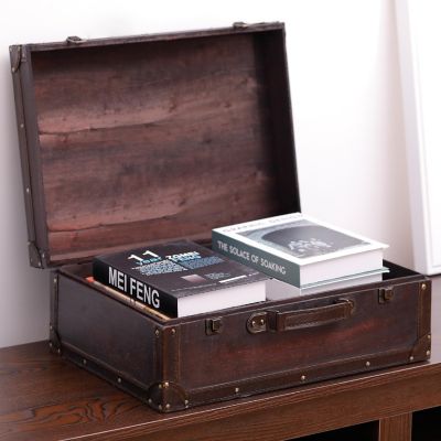 Vintiquewise Vintage Style Brown Wooden Suitcase with Leather Trim Image 1