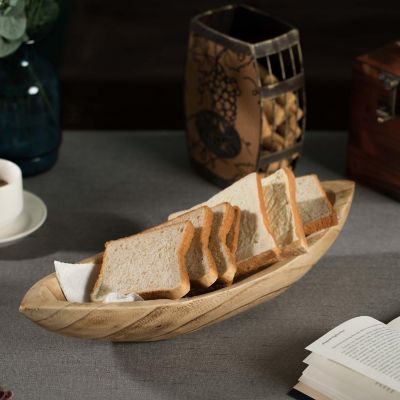 Vintiquewise Wood Carved Boat Shaped Bowl Basket Rustic Display Tray - Small Image 1