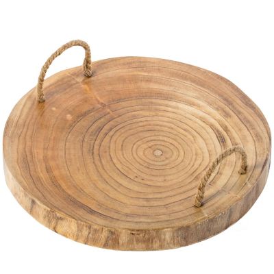 Vintiquewise Wood Round Tray Serving Platter Board with Rope Handles Image 2