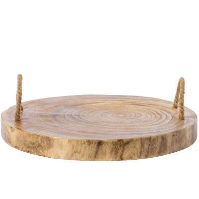 Vintiquewise Wood Round Tray Serving Platter Board with Rope Handles Image 3