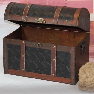 Vintiquewise Wooden Leather Round Top Treasure Chest, Decorative storage Trunk with Lockable Latch Image 3