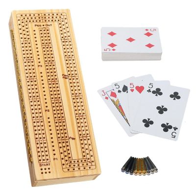 WE Games 3 Player Wooden Cribbage Set - Easy Grip Pegs and 2 Decks of Cards Inside of Board - Natural Wood Image 1