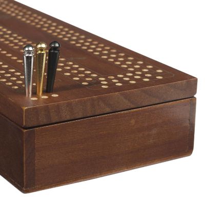 WE Games 3 Player Wooden Cribbage Set - Easy Grip Pegs and 2 Decks of Cards Inside of Board - Walnut Wood Stain Image 3