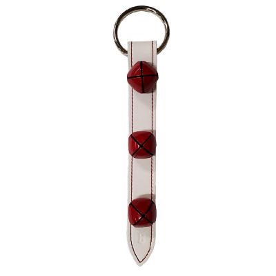 White Leather Strap with 3 Red Bells Sleigh Bell Door Hanger 12 Inch Made in USA Image 1