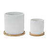 White Stone Planter With Wood Plate (Set Of 2) 4.5"D X 4.25"H, 6.5"D X 6"H Cement Image 1