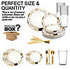 White with Black and Gold Abstract Squares Pattern Round Disposable Plastic Dinnerware Value Set (20 Settings) Image 2