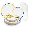 White with Blue and Gold Harmony Rim Plastic Dinnerware Value Set (60 Settings) Image 1
