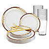 White with Burgundy and Gold Harmony Rim Plastic Dinnerware Value Set (20 Settings) Image 1
