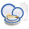 White with Gold Spiral on Blue Rim Plastic Dinnerware Value Set (60 Settings) Image 1