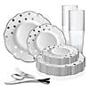 White with Silver Dots Round Blossom Disposable Plastic Dinnerware Value Set (60 Settings) Image 1