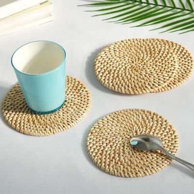 Wickerwise Set of 4 Decorative Round 5.25'' Natural Woven Handmade Rattan Placemats Image 1