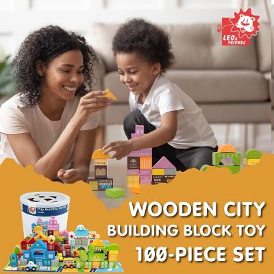 Wooden City Building Block Toy 100-Piece Set, City Construction Stacking Shape Recognition Set, with Buildings, Vehicles, Roads, People & More Image 1