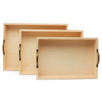 Woodpeckers Crafts, DIY Unfinished Wood Set of 3 Rectangular Trays with Metal Handles Image 1