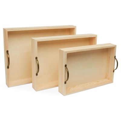 Woodpeckers Crafts, DIY Unfinished Wood Set of 3 Rectangular Trays with Metal Handles Image 2
