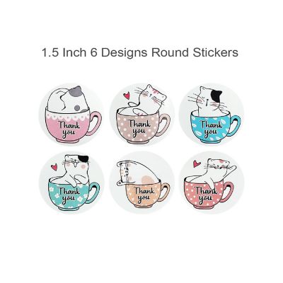 Wrapables 1.5" Thank You Stickers Roll, Sealing Stickers and Labels (500pcs), Kitties & Cups Image 1