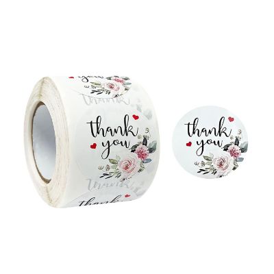 Wrapables 1.5" Thank You Stickers Roll, Sealing Stickers and Labels (500pcs), Rose & Peony Image 1