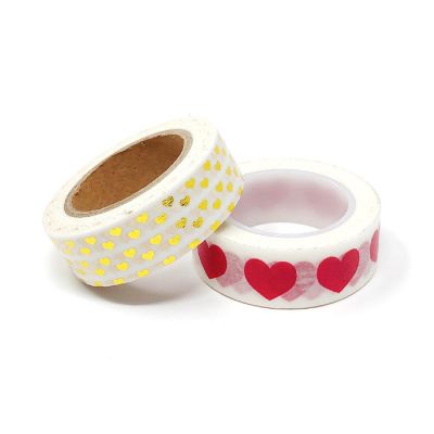 Wrapables 10M x 15mm Washi Masking Tape (Set of 2), Red and Gold Hearts Image 1