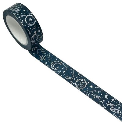 Wrapables 15mm x 10M Gold and Silver Foil Washi Masking Tape, Stars & Planets Image 1
