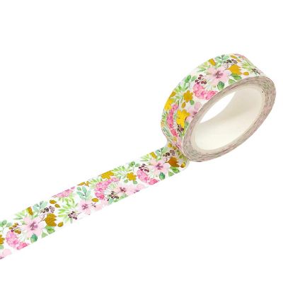 Wrapables 15mm x 5M Gold and Silver Foil Washi Masking Tape, Pink Flowers Image 1
