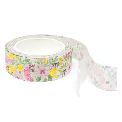 Wrapables 15mm x 5M Gold and Silver Foil Washi Masking Tape, Pink Flowers Image 2