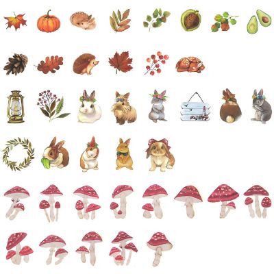 Wrapables 3 Rolls Decorative Washi Tape Stickers (300 pcs), Mushrooms, Bunnies, Autumn Image 1