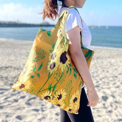 Wrapables Allybag Foldable & Lightweight Reusable Grocery Bag, Sunflowers Tan Image 2