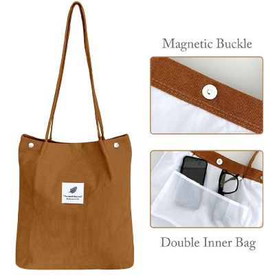 Wrapables Black/Brown Corduroy Tote Bag, Casual Everyday Shoulder Handbag, 2pcs Image 2