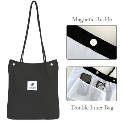 Wrapables Black Corduroy Tote Bag, Casual Everyday Shoulder Handbag Image 2