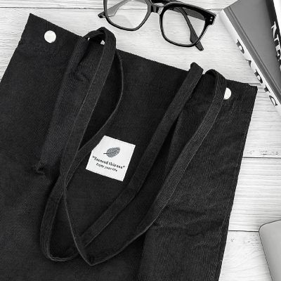 Wrapables Black Corduroy Tote Bag, Casual Everyday Shoulder Handbag Image 3