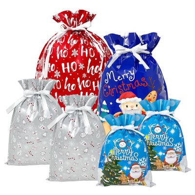 Wrapables Blue & Silver Aluminum Foil Holiday Drawstring Christmas Gift Bags (Set of 6) Image 1