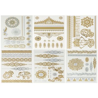 Wrapables&#174; Celebrity Inspired Temporary Tattoos in Metallic Gold Silver and Black (6 Sheets), Large, Elephants & Adornments Image 1