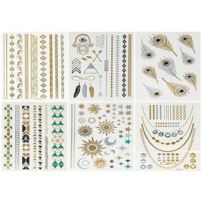Wrapables&#194;&#174; Celebrity Inspired Temporary Tattoos in Metallic Gold Silver and Black (6 Sheets), Large, Feathers & Stars Image 1