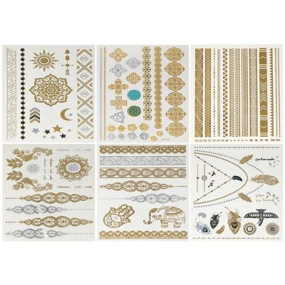 Wrapables&#174; Celebrity Inspired Temporary Tattoos in Metallic Gold Silver and Black (6 Sheets), Large, Jewel Image 1