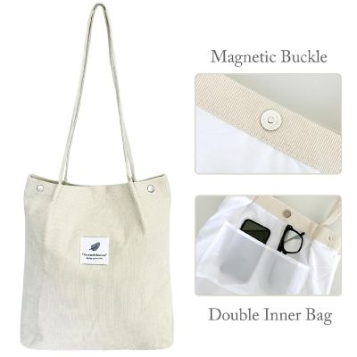 Wrapables Cream Corduroy Tote Bag, Casual Everyday Shoulder Handbag Image 2