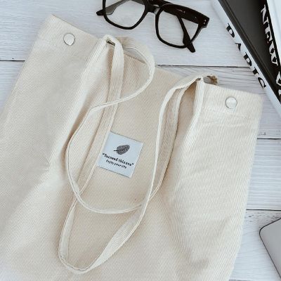 Wrapables Cream Corduroy Tote Bag, Casual Everyday Shoulder Handbag Image 3