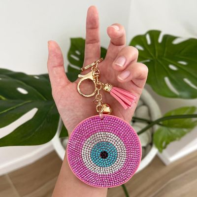 Wrapables Crystal Bling Key Chain Keyring with Tassel Car Purse Handbag Pendant, Pink Evil Eye Image 2