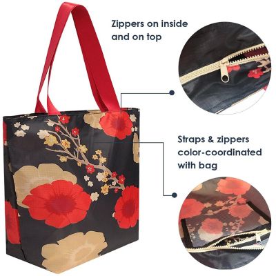 Wrapables Foldable Lightweight Tote Bag with Durable Ripstop Polyester for Shopping, Travel, Gym, Beach, Casual, Everyday, Large, Blossoms Dark Image 2