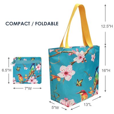 Wrapables Foldable Lightweight Tote Bag with Durable Ripstop Polyester for Shopping, Travel, Gym, Beach, Casual, Everyday, Large, Cherry Blossoms & Birds Image 1