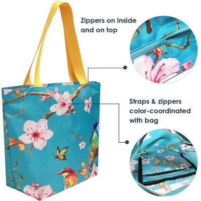Wrapables Foldable Lightweight Tote Bag with Durable Ripstop Polyester for Shopping, Travel, Gym, Beach, Casual, Everyday, Large, Cherry Blossoms & Birds Image 2