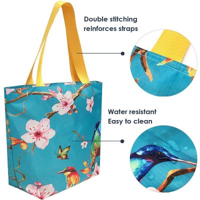Wrapables Foldable Lightweight Tote Bag with Durable Ripstop Polyester for Shopping, Travel, Gym, Beach, Casual, Everyday, Large, Cherry Blossoms & Birds Image 3