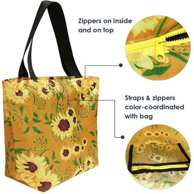 Wrapables Foldable Lightweight Tote Bag with Durable Ripstop Polyester for Shopping, Travel, Gym, Beach, Casual, Everyday, Large, Sunflowers Tan Image 2