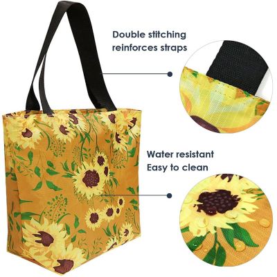Wrapables Foldable Lightweight Tote Bag with Durable Ripstop Polyester for Shopping, Travel, Gym, Beach, Casual, Everyday, Large, Sunflowers Tan Image 3