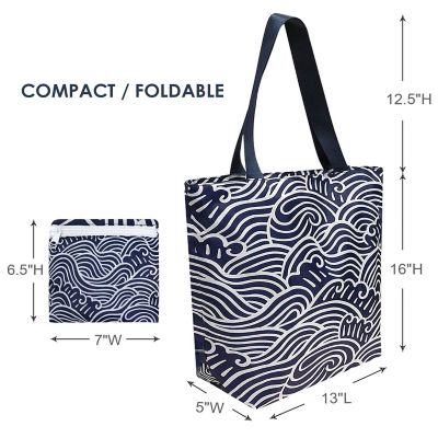Wrapables Foldable Lightweight Tote Bag with Durable Ripstop Polyester for Shopping, Travel, Gym, Beach, Casual, Everyday, Large, Waves Image 1