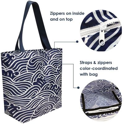 Wrapables Foldable Lightweight Tote Bag with Durable Ripstop Polyester for Shopping, Travel, Gym, Beach, Casual, Everyday, Large, Waves Image 2