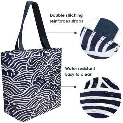 Wrapables Foldable Lightweight Tote Bag with Durable Ripstop Polyester for Shopping, Travel, Gym, Beach, Casual, Everyday, Large, Waves Image 3