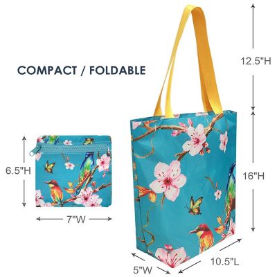 Wrapables Foldable Lightweight Tote Bag with Durable Ripstop Polyester for Shopping, Travel, Gym, Beach, Casual, Everyday, Small, Cherry Blossoms & Birds Image 1